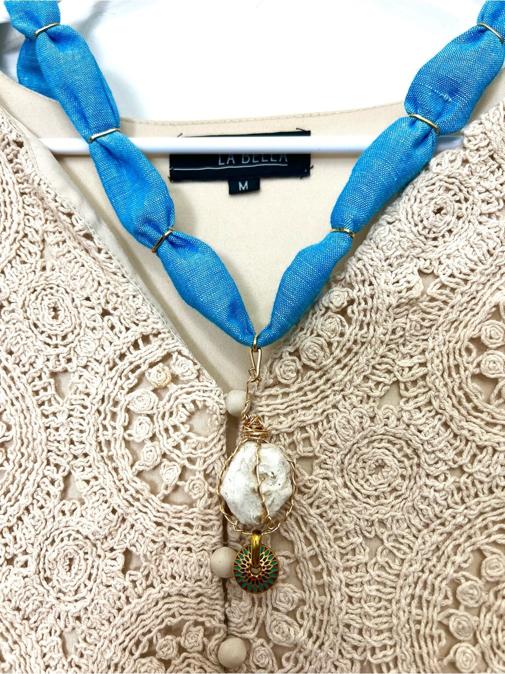 Hand made linen necklace with wrapped stone